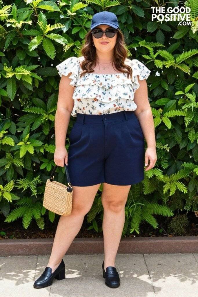Plus Size Tiered Ruffle Sleeve Blouse and Tailored Shorts Outfit