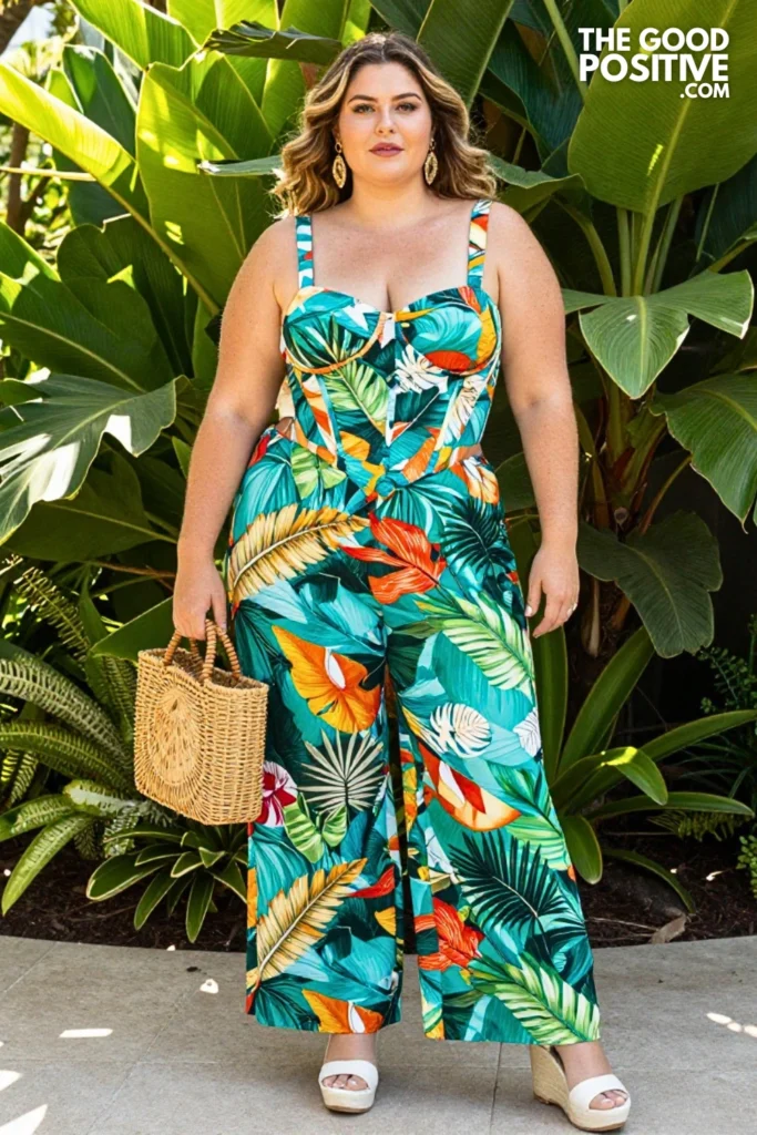 Plus Size Tropical Printed Corset-Top Co-Ord Set Outfit