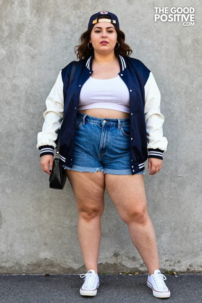 Plus Size Varsity Jacket & Baggy Shorts Summer Streetwear Outfit