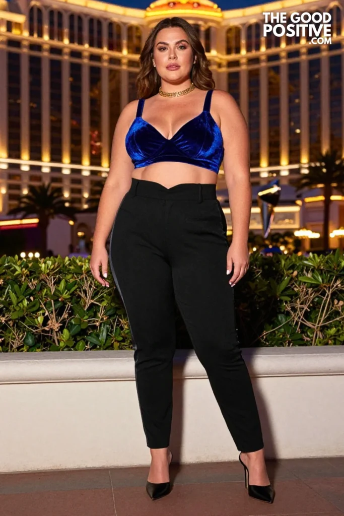 Plus Size Velvet Bralette With High-Waist Tailored Tuxedo Pants Outfit