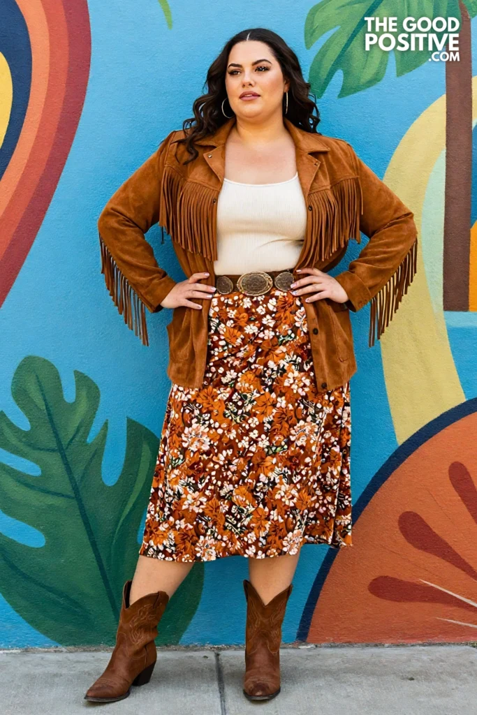 Plus Size Western Suede Fringe Jacket With Floral Midi Skirt Boho Outfit