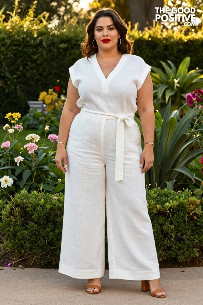 Plus Size White Linen Wide-Leg Jumpsuit With Gold Accessories Outfit
