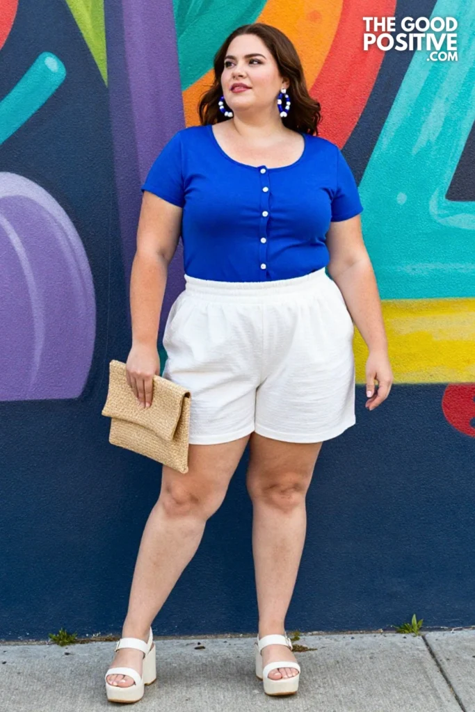 Plus Size White Mom Shorts With Cobalt Blue Button-Front Top Outfit