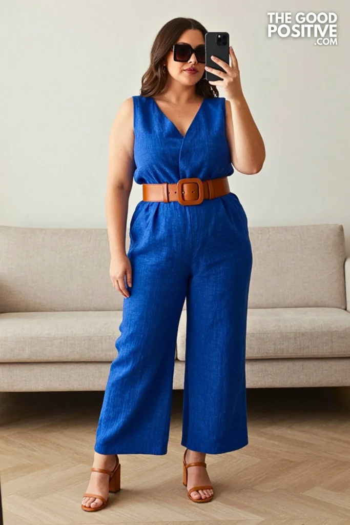 Plus Size Wide-Leg Linen Jumpsuit With Statement Belt Outfit