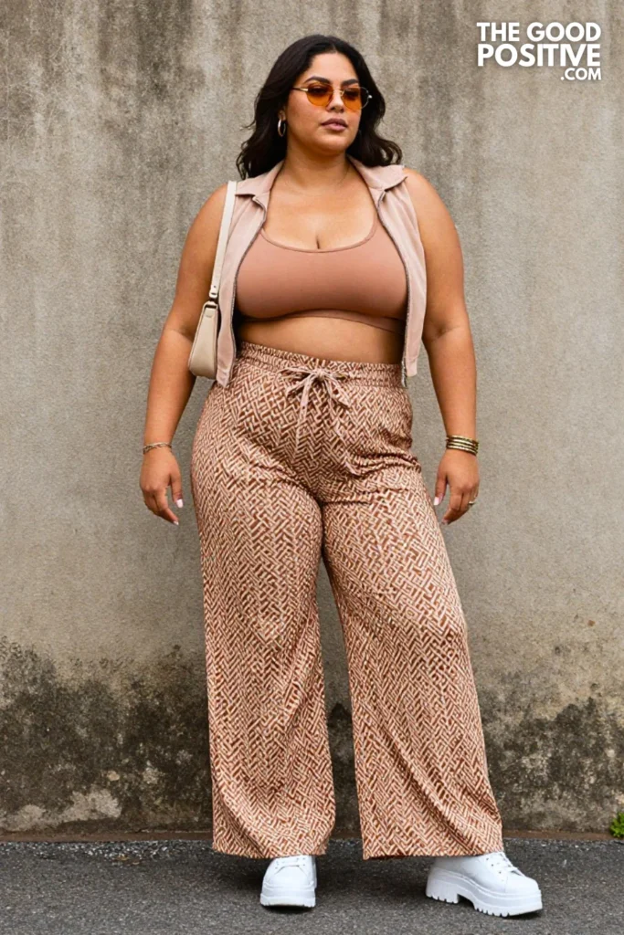 Plus Size Y2K Printed Wide-Leg Trousers & Sports Bra Streetwear Outfit
