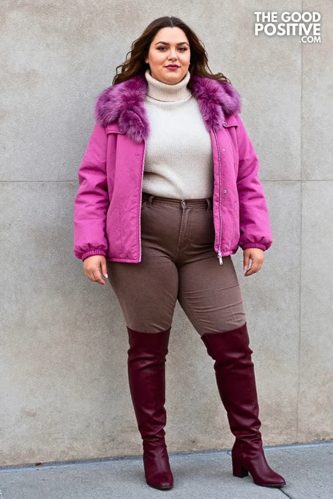 Aubergine Faux-Fur Collar Jacket, Taupe Jeans, and Burgundy Boots