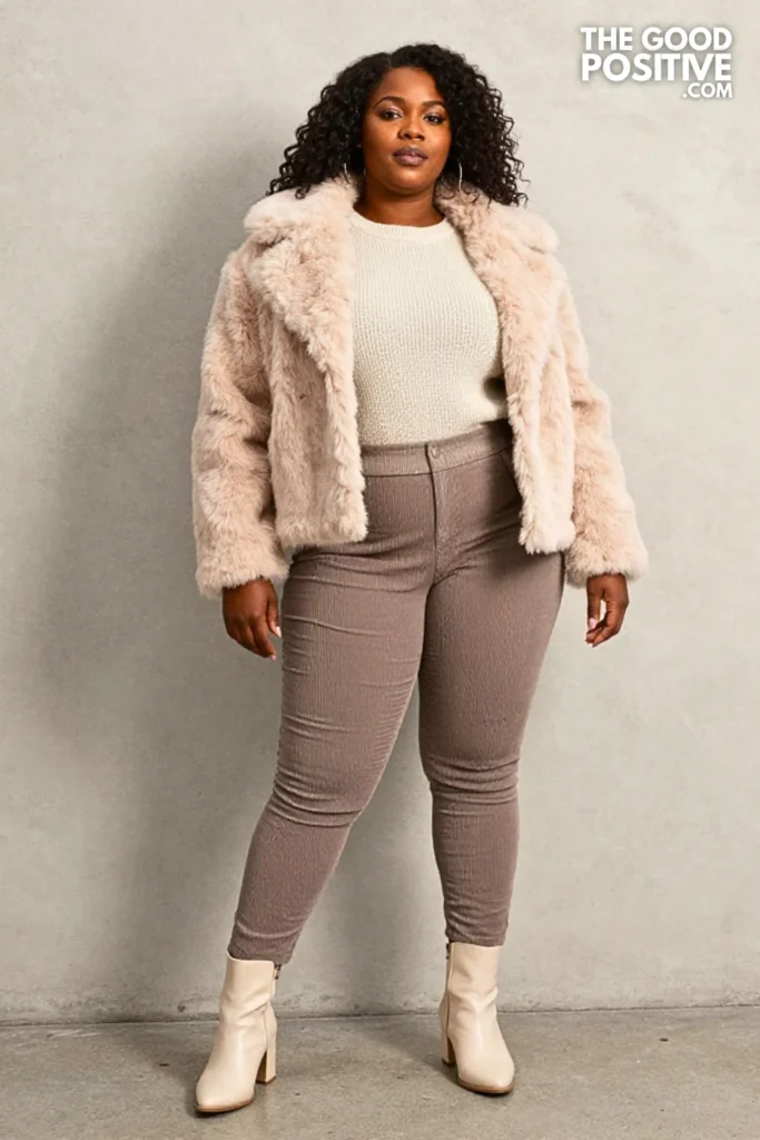 Aubergine Faux-Shearling Jacket, Taupe Corduroy, and Cream Boots