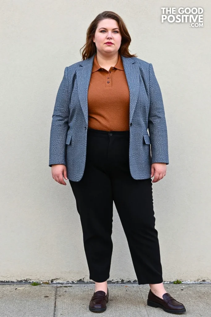 Blue-Gray Checked Blazer, Cinnamon Polo, and Barrel-Leg Trousers