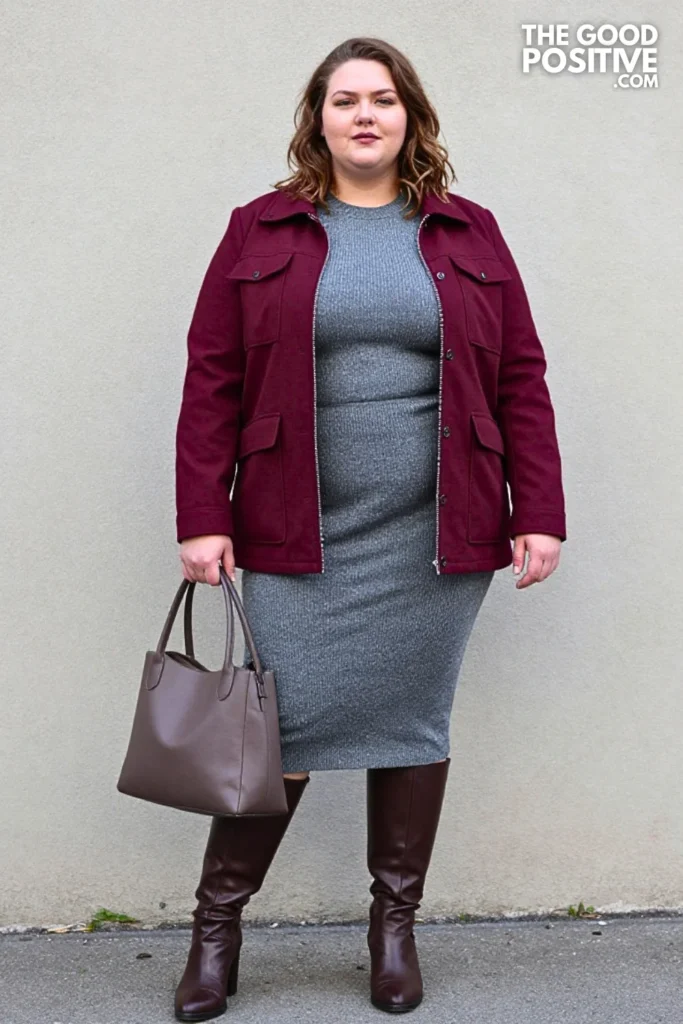 Burgundy Curved-Hem Jacket, Gray Knit Dress, and Chocolate Boots