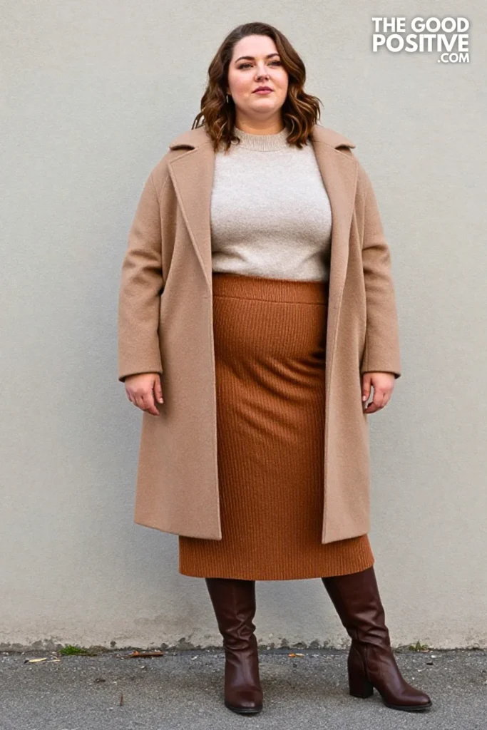 Charcoal Cocoon Coat, Cinnamon Knit Skirt, and Espresso Boots