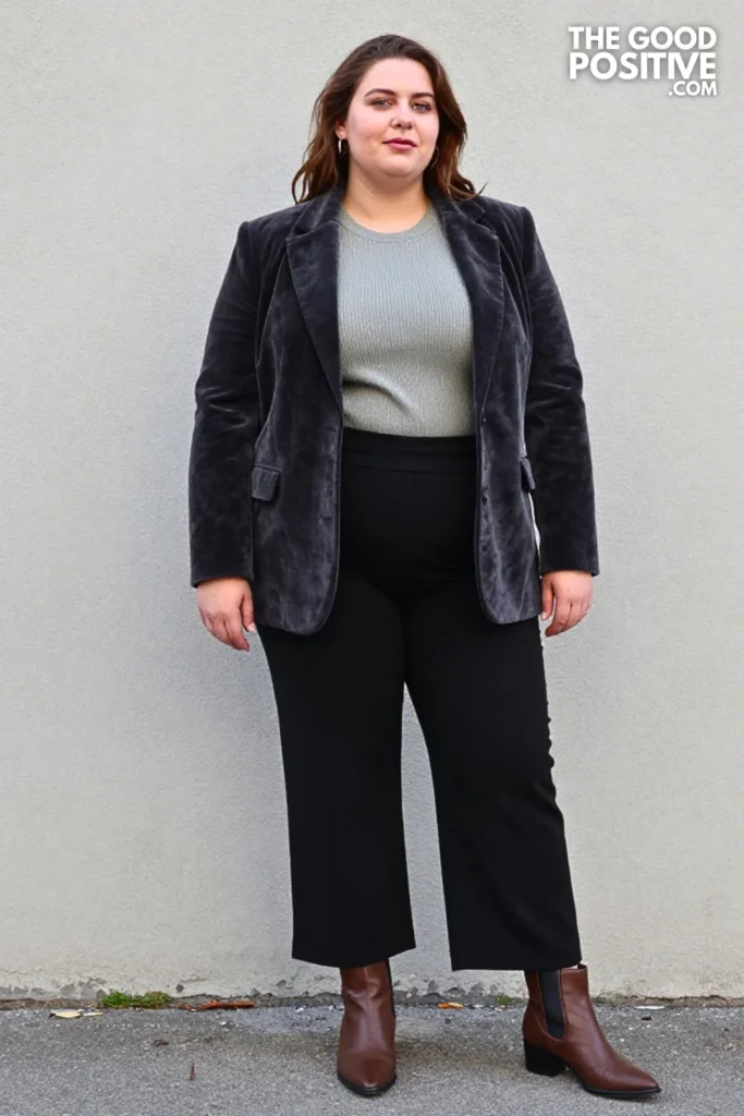 Charcoal Velvet Blazer, Sage Knit Shell, and Fluid Trousers