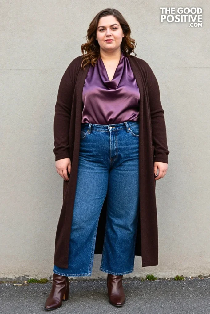 Chocolate Cardigan, Dark-Rinse Jeans, and Muted Plum Blouse