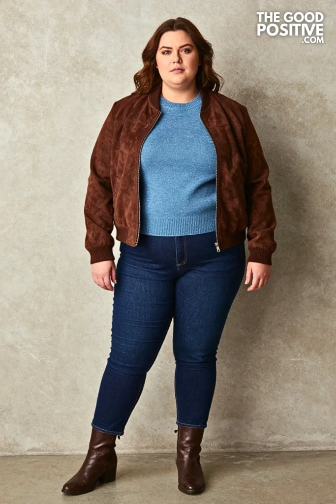 Chocolate Suede Bomber, Dusty Blue Sweater, and Dark Denim