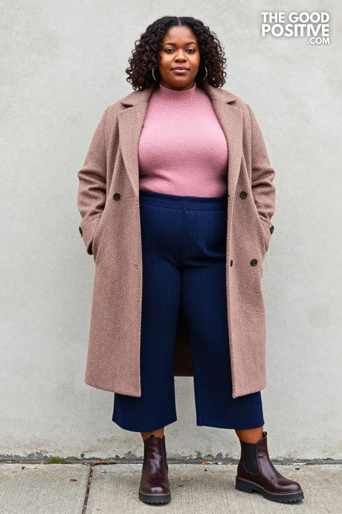 Cocoa Herringbone Coat, Dusty Rose Knit, and Ink Trousers