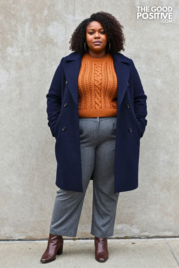 Deep-Navy Peacoat, Cinnamon Cable Knit, and Gray Pleated Pants