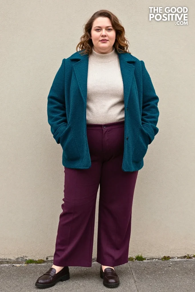 Deep Teal Bouclé Jacket, Plum Trousers, and Cream Knit