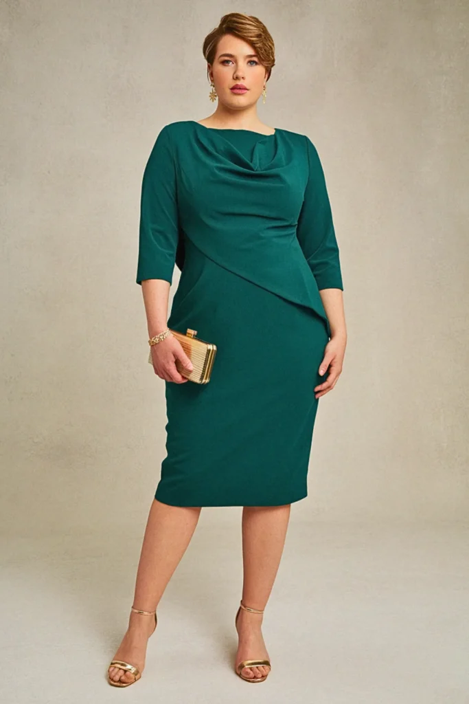 Forest Green Cowl Back Plus Size Wedding Guest Cocktail Dress