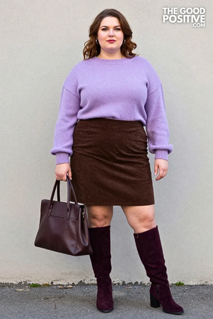 Lavender Sweater, Chocolate Corduroy Skirt, and Plum Boots