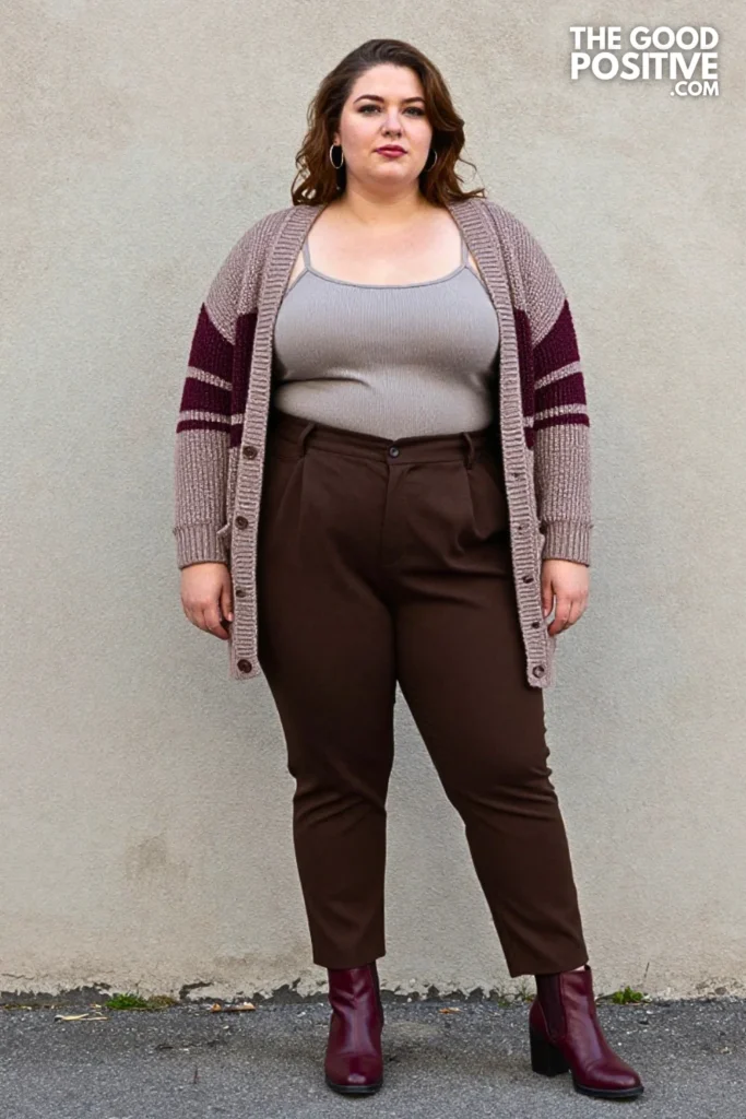 Maroon Intarsia Cardigan, Espresso Trousers, and Oxblood Boots