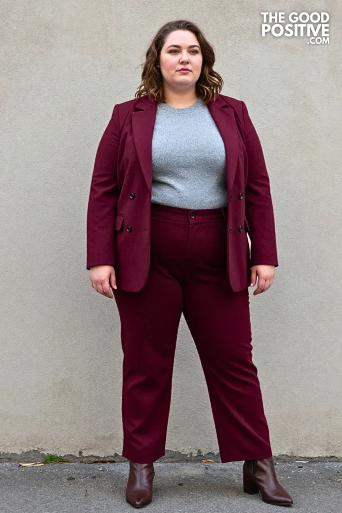 Muted Maroon Suit, Soft Gray Knit, and Chocolate Boots