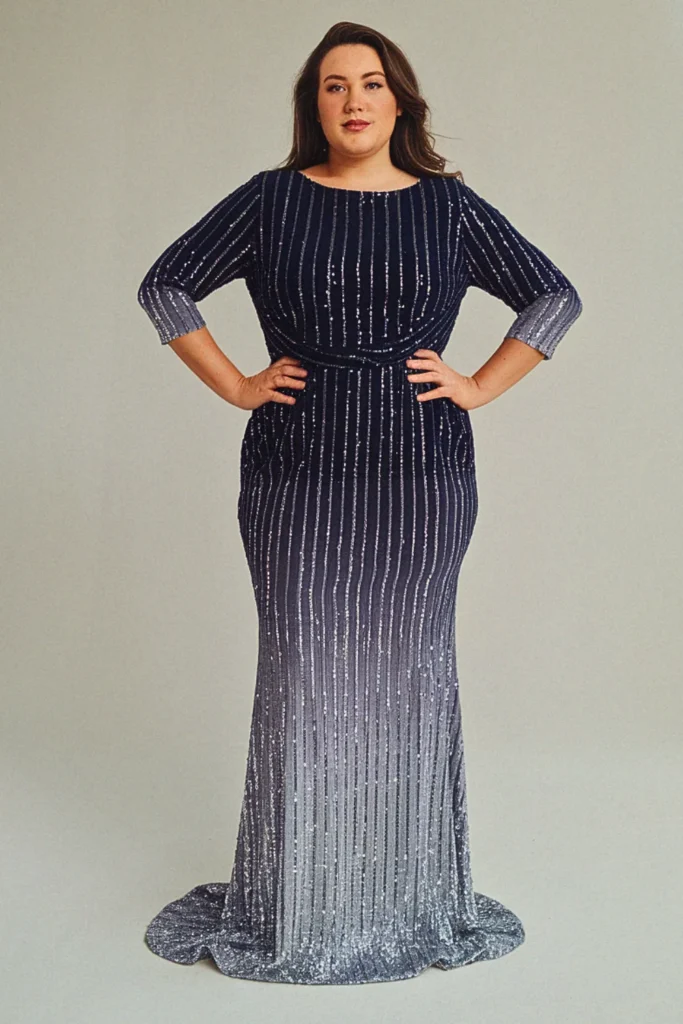 Navy Sequin Ombré Plus Size Wedding Guest Cocktail Dress