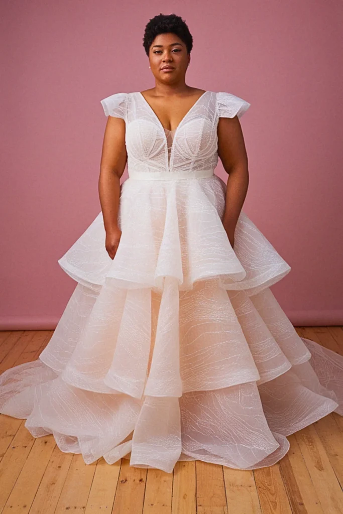 Plus Size A-Line Cap Sleeve Layered Tulle Wedding Dress