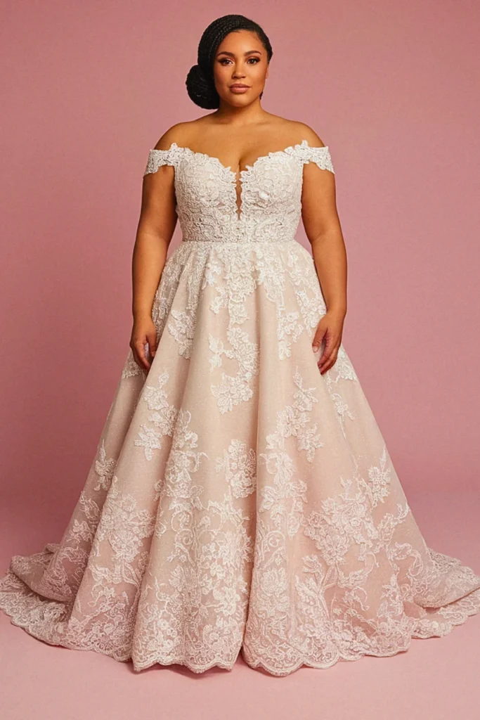 Plus Size A-Line Off-Shoulder Lace Appliqué Wedding Dress