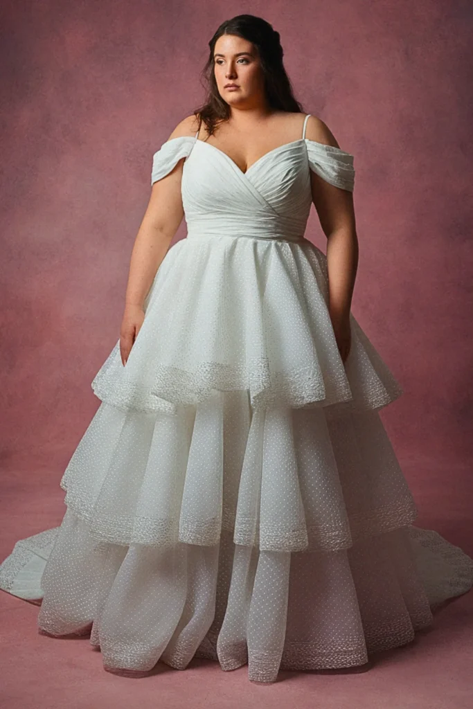 Plus Size A-Line Wrap-Style Bodice Tiered Wedding Dress