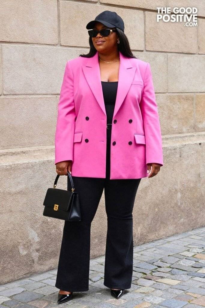 Plus Size Berry Pink Oversized Blazer With Black Flare Jeans