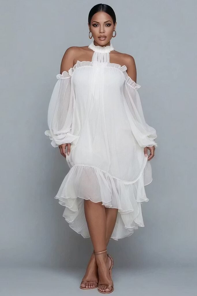Plus Size Birthday White Halter Collar Cold Shoulder Long Sleeve Ruffle Asymmetric Hem Irregular Hem Chiffon Midi Dress