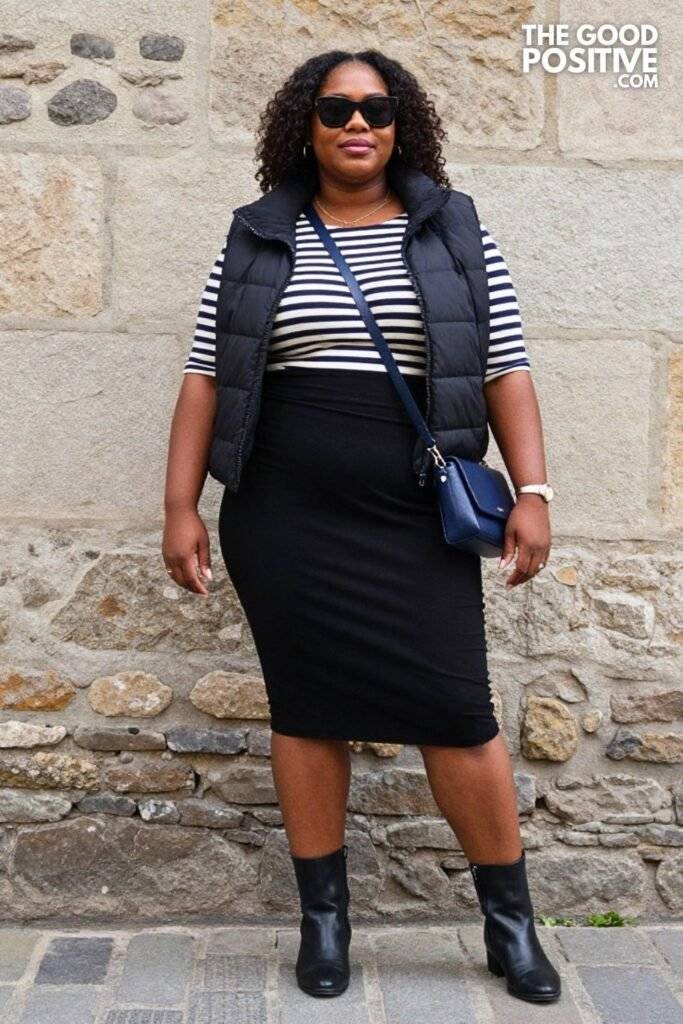 Plus Size Black Quilted Vest With Striped Boatneck Top And Ponte Skirt Outfit