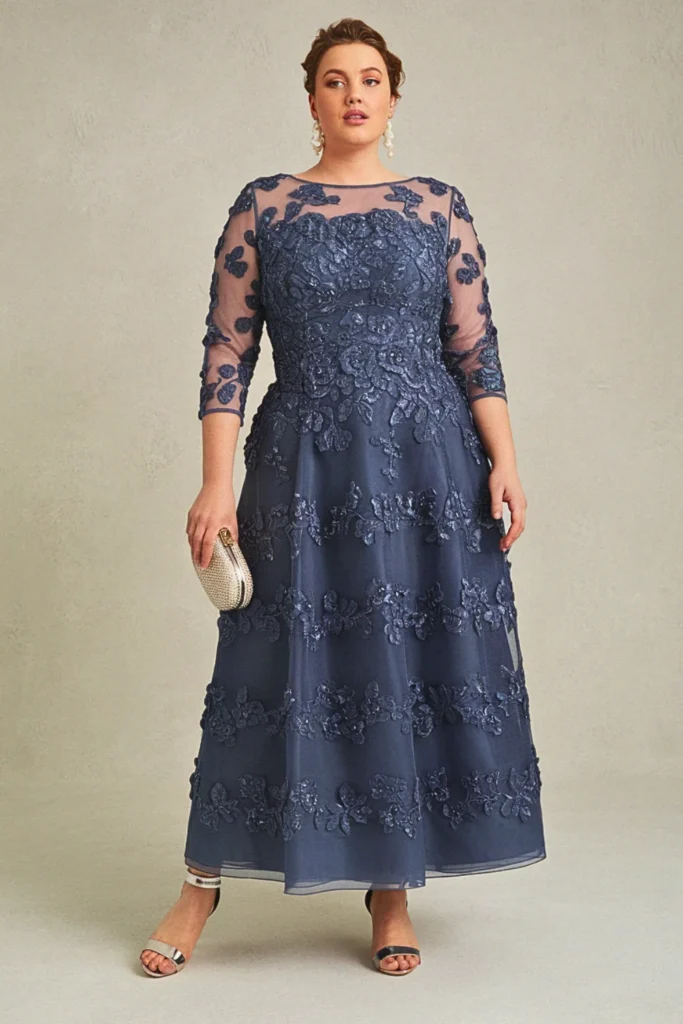 Plus Size Black Tie Appliquéd Mesh Overlay Wedding Guest Dress