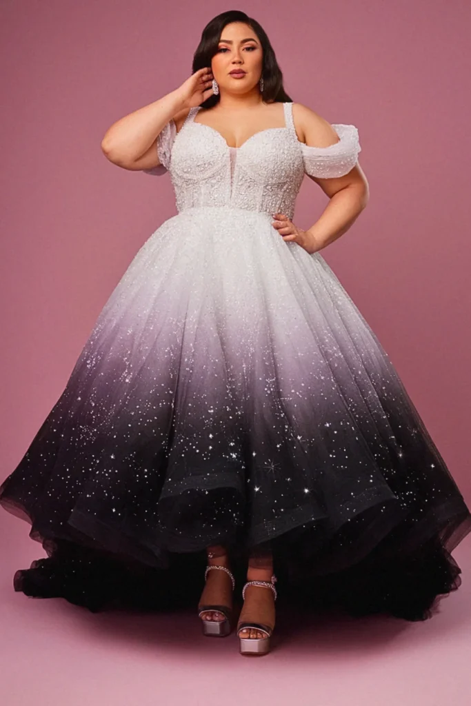 Plus Size Black and White Ombré Tulle Ball Gown