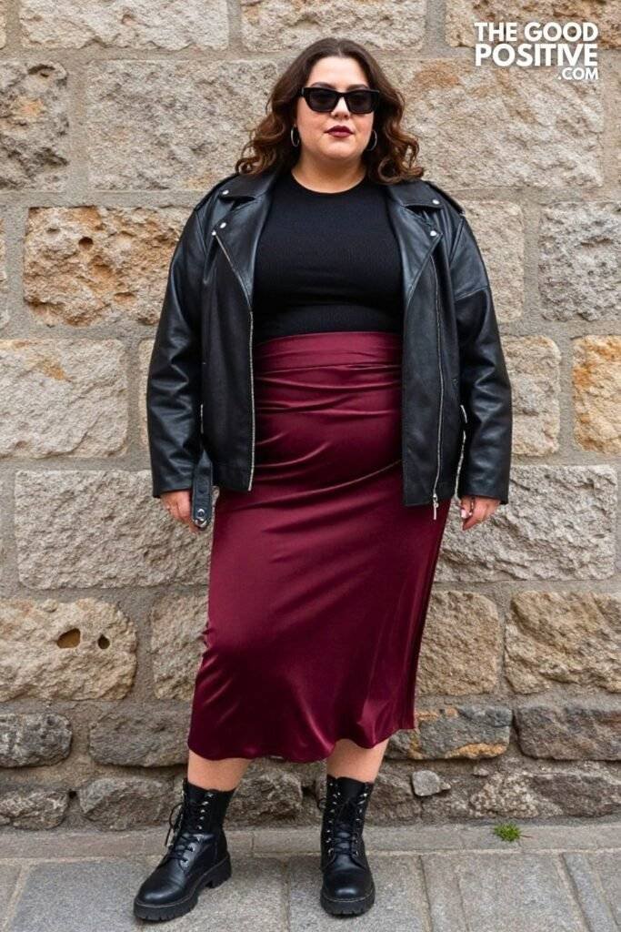 Plus Size Burgundy Pleated Midi Skirt & Oversized Leather Moto Jacket Outfit