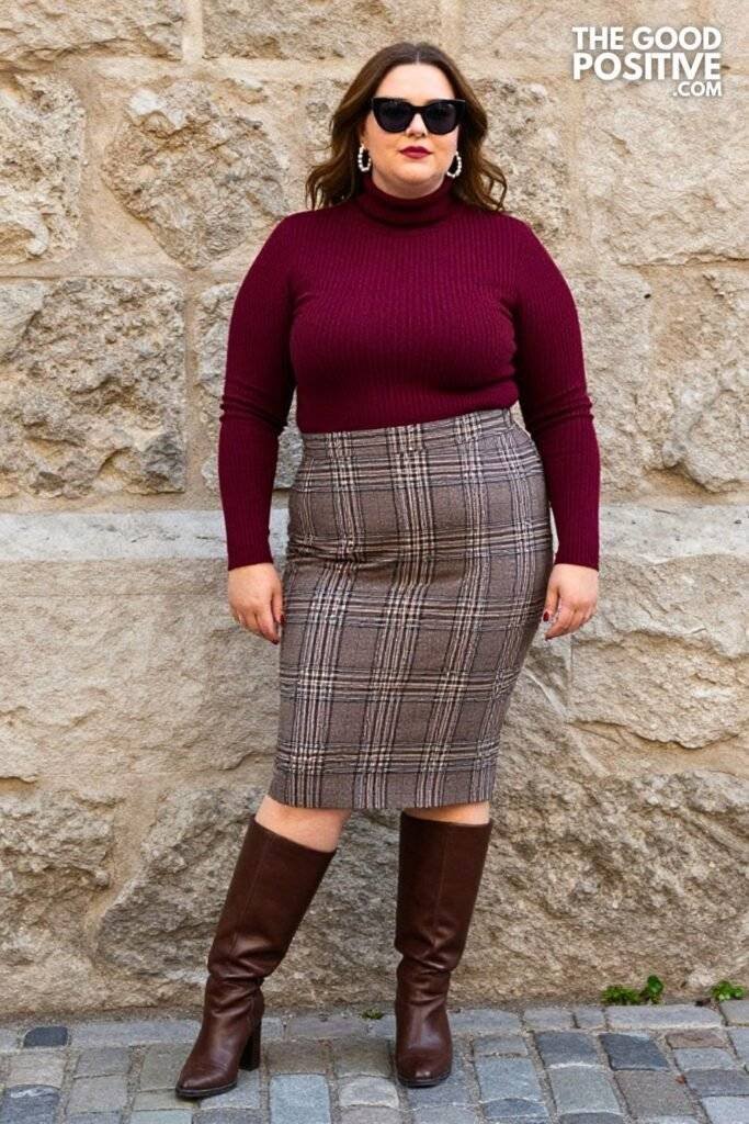 Plus Size Burgundy Ribbed Turtleneck With Plaid Midi Skirt Outfit