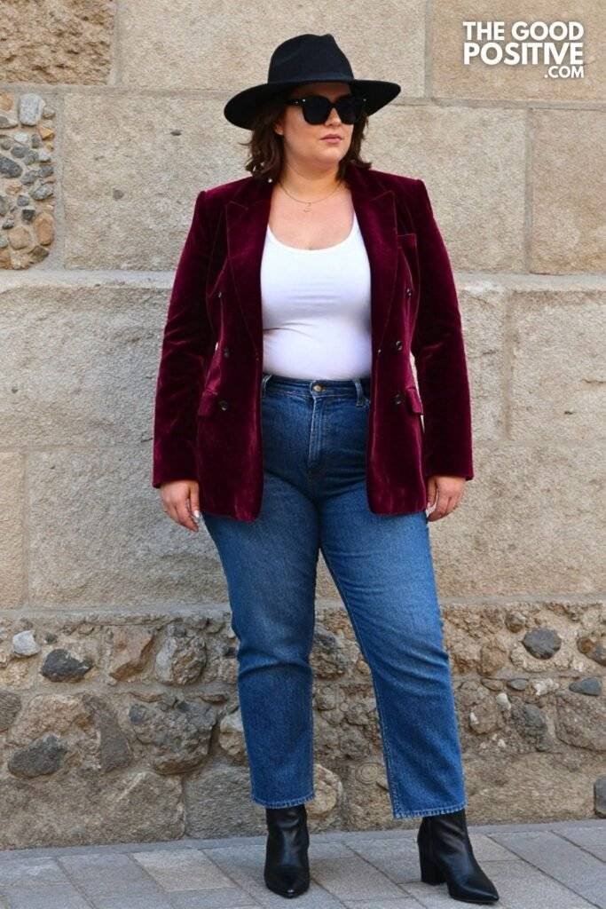 Plus Size Burgundy Velvet Blazer White Tee Straight Jeans Outfit