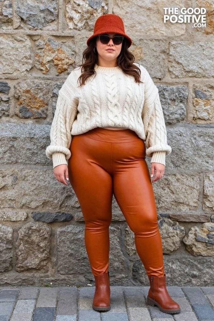 Plus Size Burnt Orange Faux Leather Leggings & Chunky Cable-Knit Sweater Outfit