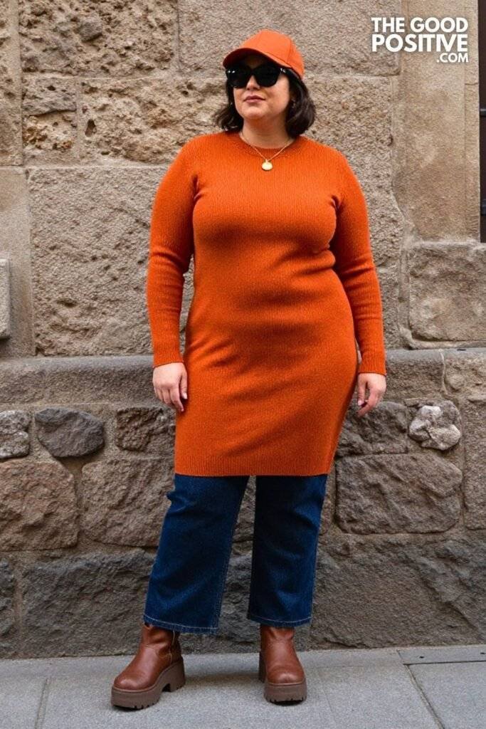 Plus Size Burnt Orange Sweater Dress Over Wide Leg Jeans Outfit
