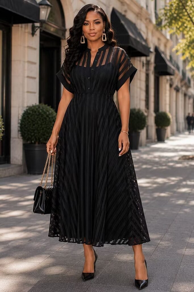 Plus Size Business Casual Black Shirt Collar Short Sleeve See Through Button Midi Dress