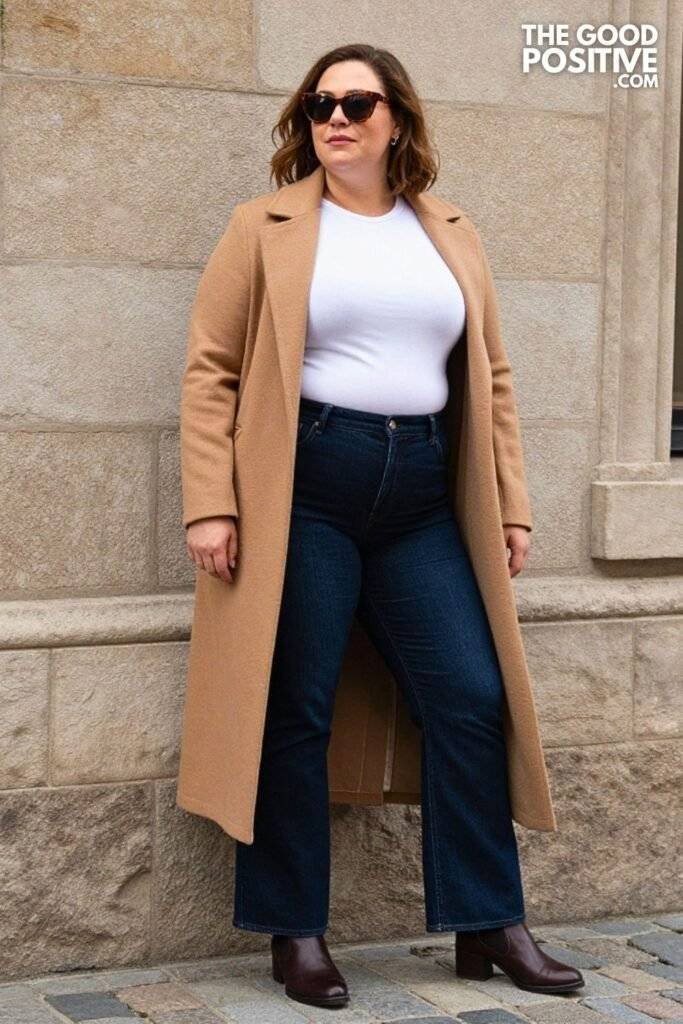 Plus Size Camel Duster Cardigan With Flare Jeans Outfit