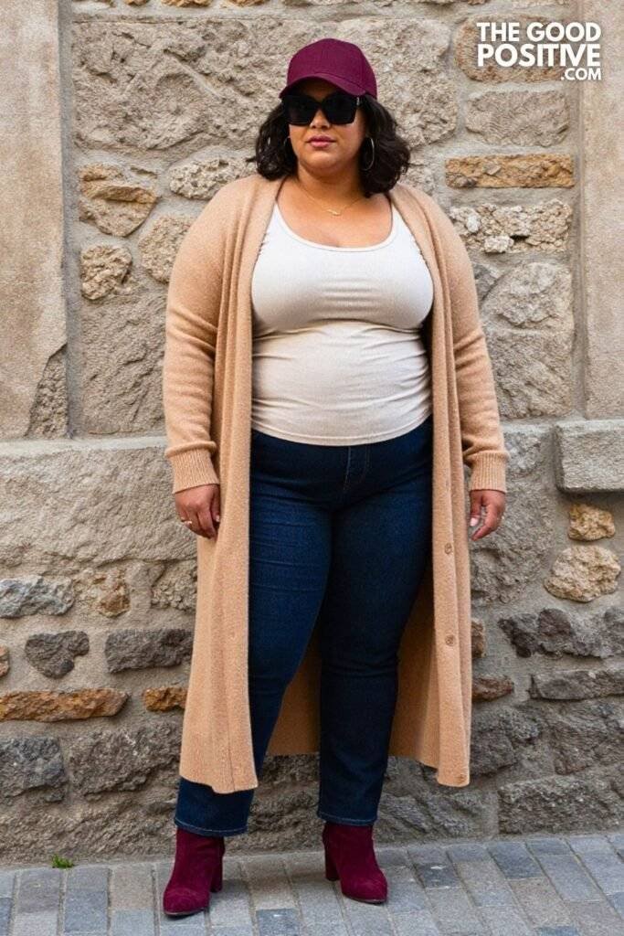 Plus Size Camel Wrap Cardigan Dark Wash Straight Leg Jeans Outfit