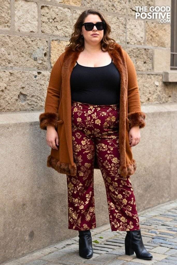 Plus Size Caramel Faux Fur Trim Cardigan & Floral Jacquard Wide-Leg Pants Outfit