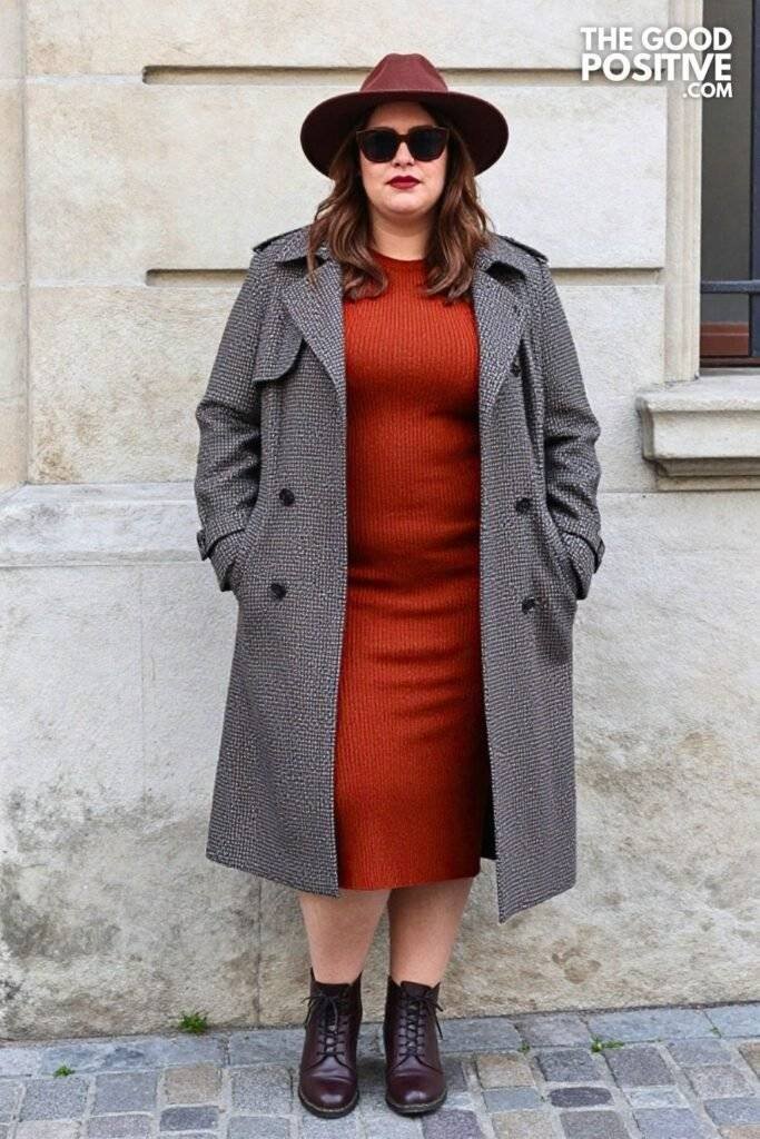 Plus Size Charcoal Houndstooth Trench Coat With Rust Knit Midi Dress