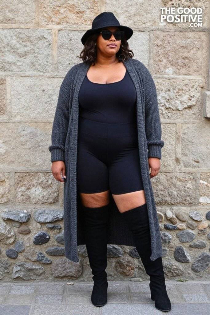 Plus Size Charcoal Longline Cardigan Biker Shorts Tall Boots Outfit