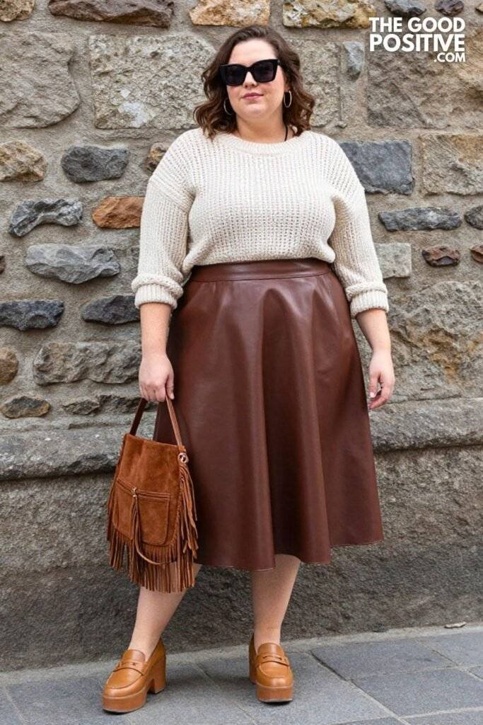 Plus Size Chocolate Brown Faux Leather Midi Skirt & Crochet Panel Sweater Outfit