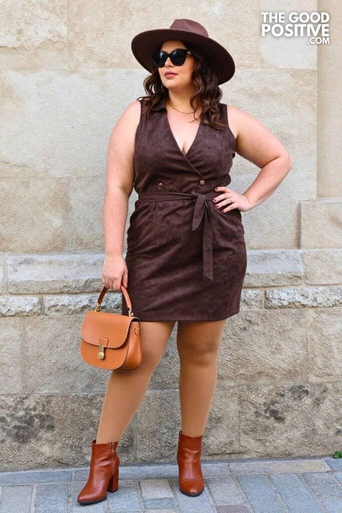 Plus Size Chocolate Brown Faux Suede Shirtdress Tights Outfit
