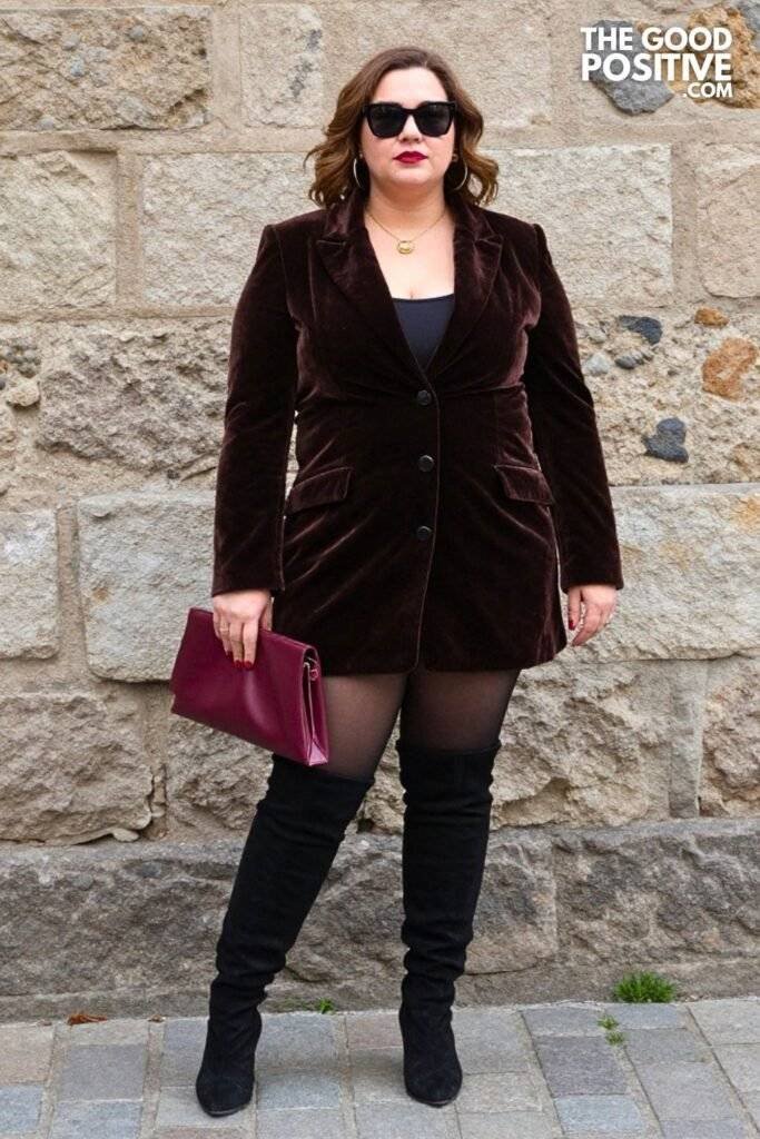 Plus Size Chocolate Brown Velvet Blazer Dress With OTK Boots Outfit