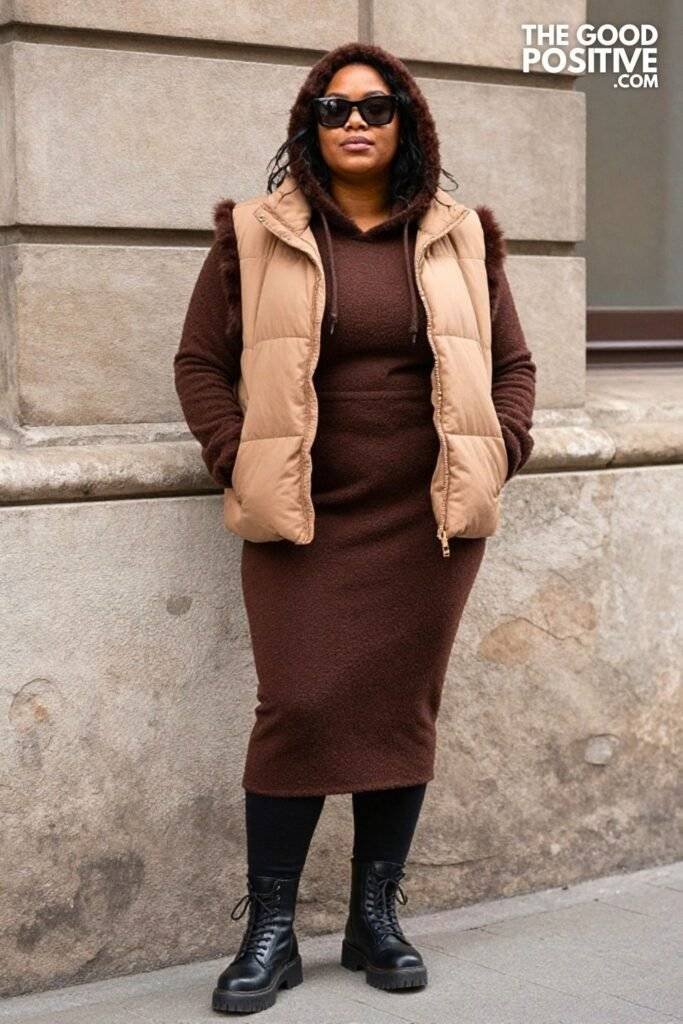 Plus Size Chocolate Faux Fur Trim Hoodie Dress With Leggings Outfit
