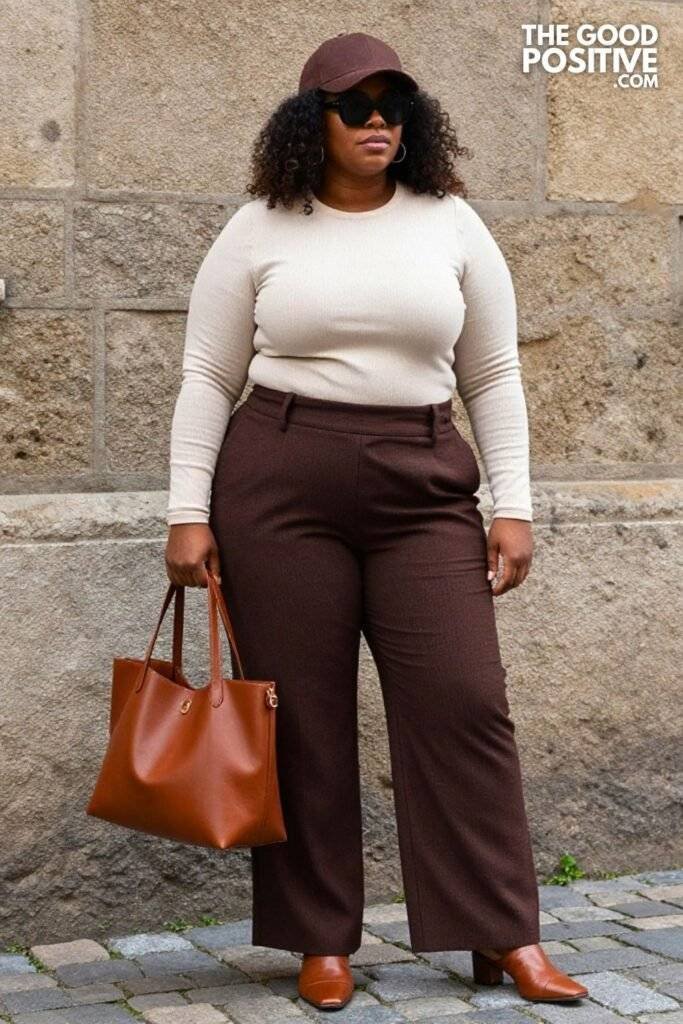 Plus Size Chocolate Houndstooth Trousers Cream Ribbed Top Outfit