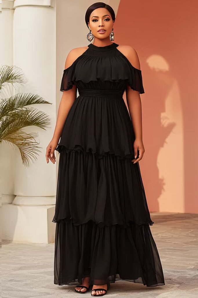 Plus Size Cocktail Party Black Halter Collar Cold Shoulder Short Sleeve Ruffle Tiered Chiffon Maxi Dress